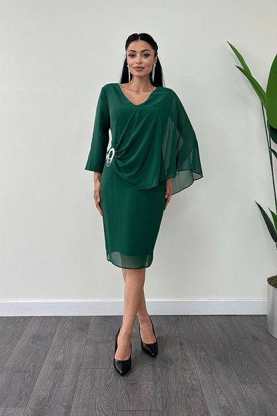 giyimmasalı Emerald Green Atlas Fabric Chiffon Pencil Dress with Brooch