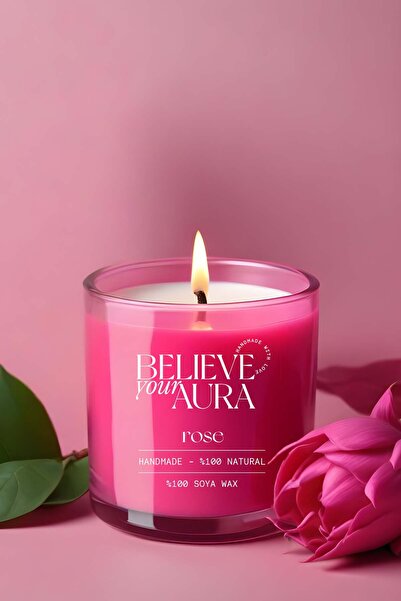 Believe Your Aura Gül Kokulu Mum - %100 Doğal Soya Mumu Fuşya Bardak Mum - 30...
