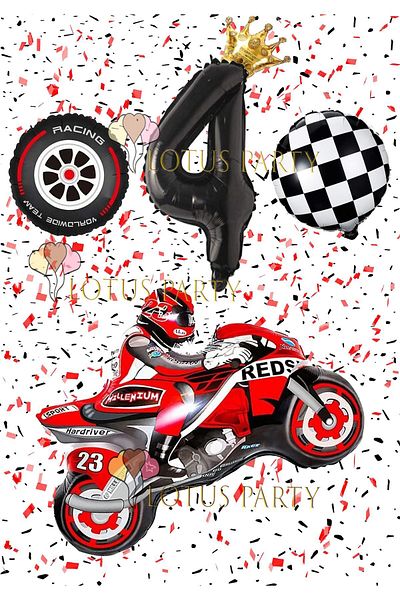 LOTUS PARTY 4 Year Old Motorcycle Birthday Party Set - Black Figure, Foil Balloon, Wheel Checker