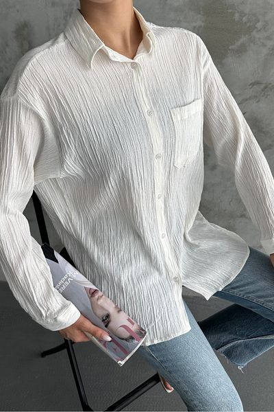 macharel jeans Γυναικείο πουκάμισο μονής τσέπης με λευκό σχέδιο