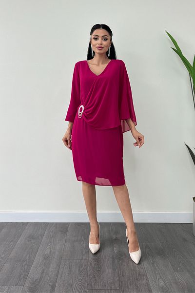 giyimmasalı Fuchsia Atlas Fabric Chiffon Brooch Detailed Pencil Dress