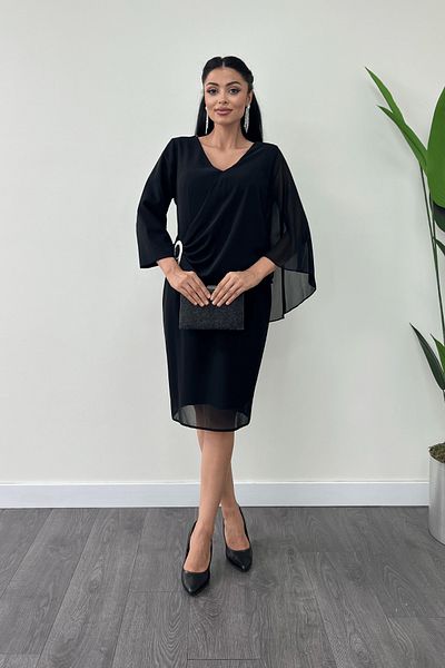giyimmasalı Black Atlas Fabric - Chiffon Brooch Detailed Pencil Dress