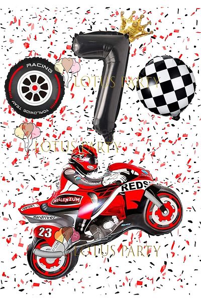 LOTUS PARTY 7 Year Old Birthday Motorcycle Racing Themed Party Set - Black Figure Foil Balloon Wheel