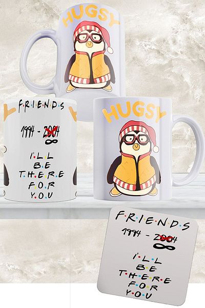 remonz Friends Series Hugsy 3 Sided Printed White Porcelain Mug and Wooden Coaster