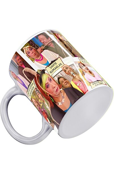 remonz Cennet Mahallesi Series Pink Collage Printed Porcelain Mug with Wooden Coaster Gift