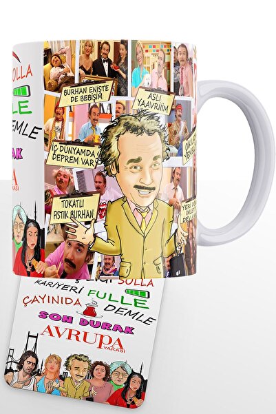 remonz European Side Series Burhan Altıntop Printed White 100% Porcelain Mug and MDF Coaster