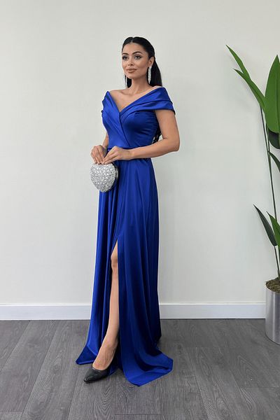 giyimmasalı Satin Fabric Boat Neck Evening Dress - Saks Blue