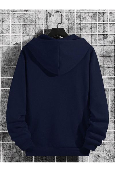 Black Sokak Navy Blue Bear 80 Printed Oversize Men's Sweatshirt - Hooded