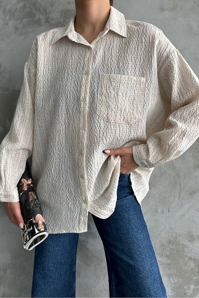 macharel jeans Γυναικείο πουκάμισο Basic Cream Printed - Μονή Τσέπη