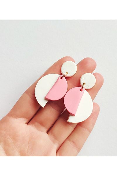 TREND Pink and White Geometric Polymer Earrings - Custom Design Handmade