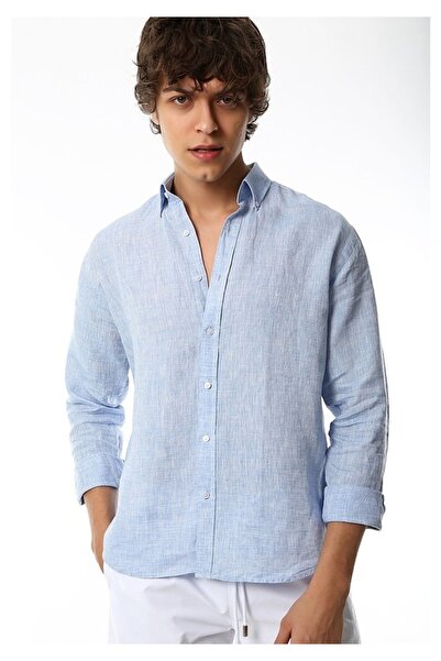 FineKids Ice Blue Collar Buttoned Foldable Epaulet Sleeve Slimfit Linen Shirt