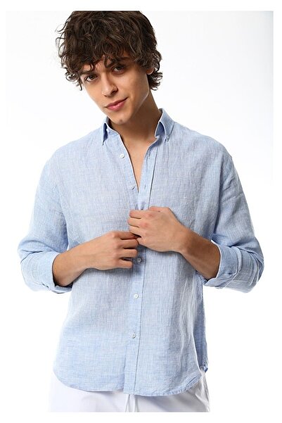 FineKids Ice Blue Collar Buttoned Foldable Epaulet Sleeve Slimfit Linen Shirt