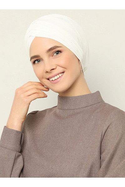 Naciye Sultan Crossed Three-Striped Ready-made Turban Hijab Bonnet Cream Swim Bonnet