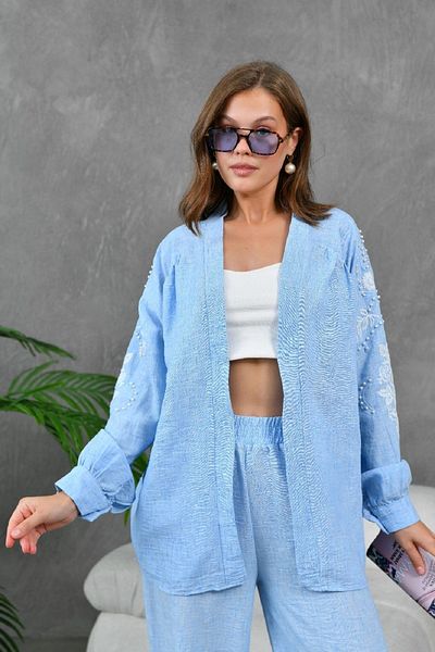 WOMAN VISION Set jachetă kimono cu mânecă lungă și pantaloni albaștri cu buzunare cu talie înaltă - 218