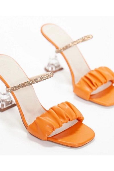 Yılmaz Exclusive Women's Orange Jewelled Transparent Heel Slippers