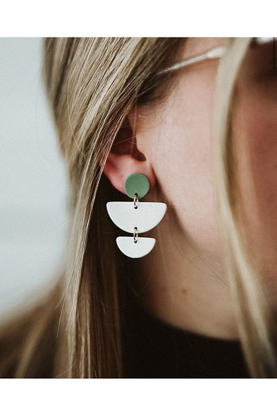 TREND Water Green White - Round Casual Earrings, Half Circles