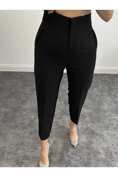 msendam Women's Model High Waist Pleated Thick Fabric Carrot Trousers-Black
