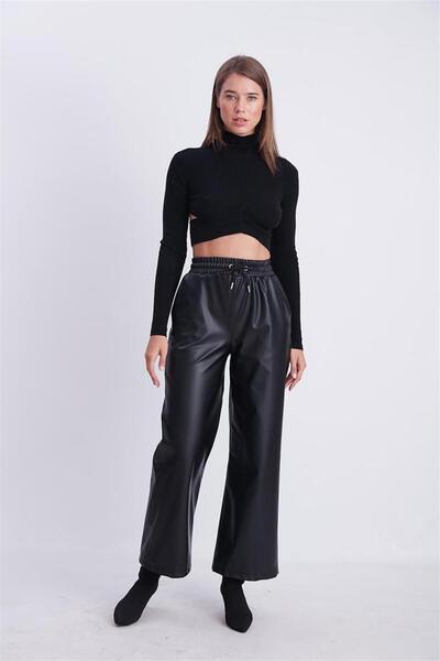 msendam Kadın Geniş Paça Uzun Boy Beli Büzgü Lastikli Yüksek Bel Deri Palazzo...