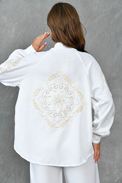 bayansepeti Сорочка з вишивкою на талії та кишенями та брюки екрю з кишенями ...