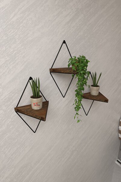 ViraHome 3 Lü Lüks Doğal Masif Ahşap Dekoratif Üçgen Raf Balkon Tanzim Çiçekl...
