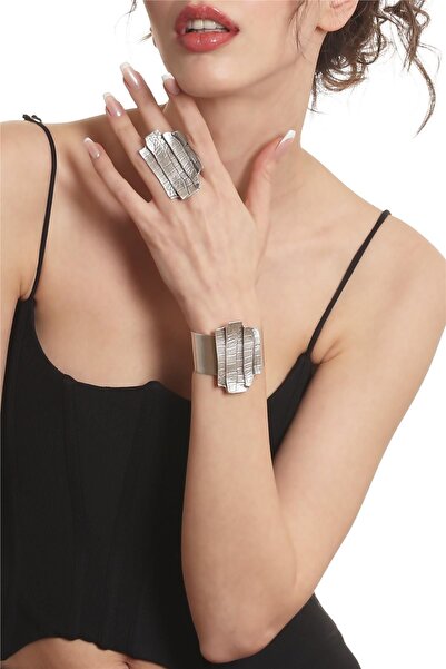 LABALABA Kadın Antik Gümüş Kaplama Açık Bant Kabartma Dokulu Bohem Bileklik &Yüzük Set