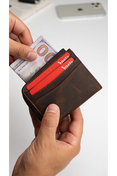Niki Leather Тънък унисекс портфейл с цип от естествена кожа, кафяв
