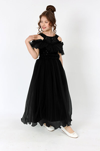 Asortix Kız Çocuk Güpür İşlemeli Astarlı Kolsuz  Siyah Abiye Elbise