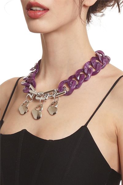 LABALABA Women's Thick Chain Shaped Heart Charm Purple & Silver Color Acrylic Design Necklace
