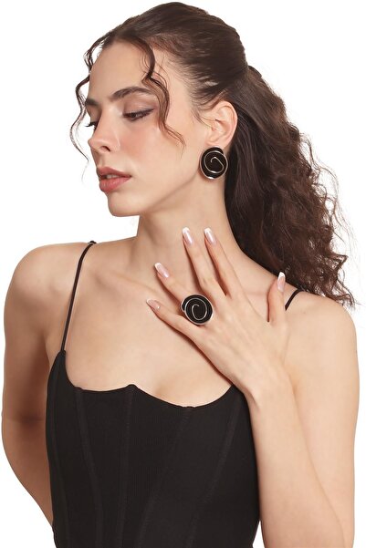 LABALABA Women's Silver Color Lacquer Plated Spiked Model Black Enamel Earrings & Ring Set