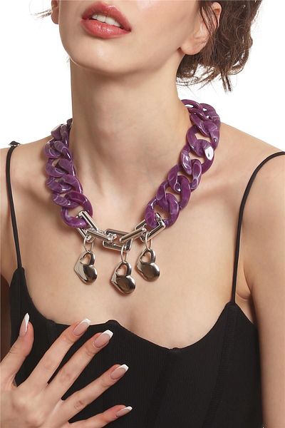 LABALABA Women's Thick Chain Shaped Heart Charm Purple & Silver Color Acrylic Design Necklace