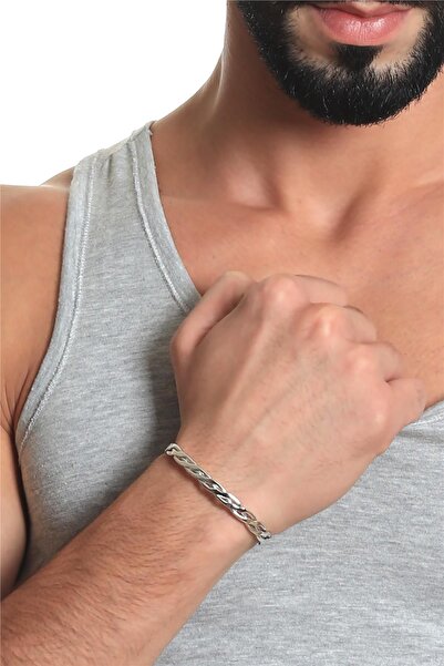 LABALABA سوار رجالي مجدول مفتوح اللون مطلي بالورنيش قابل للتعديل باللون الفضي