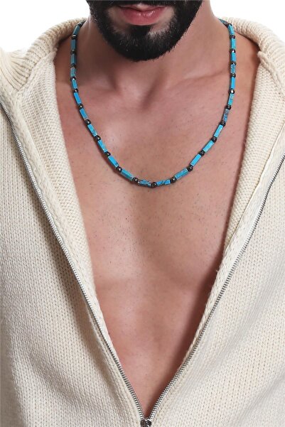 LABALABA Men's Blue Color Howlite Natural Stone & Faceted Hematite Handmade Design Necklace