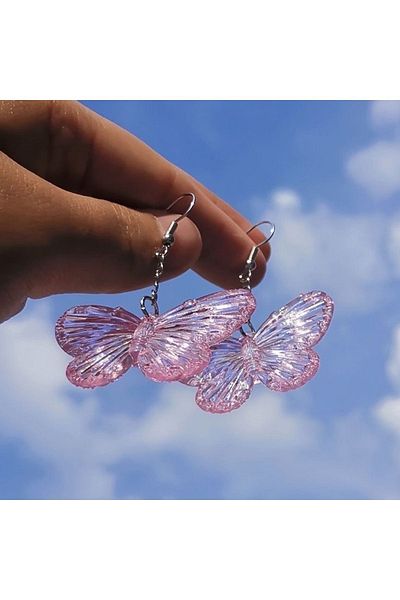 Pinky Lady Dark pink hologram butterfly earrings