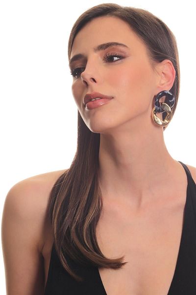 LABALABA Women's Thick Chain Formed Gold & Black Studded Model Resin Earrings