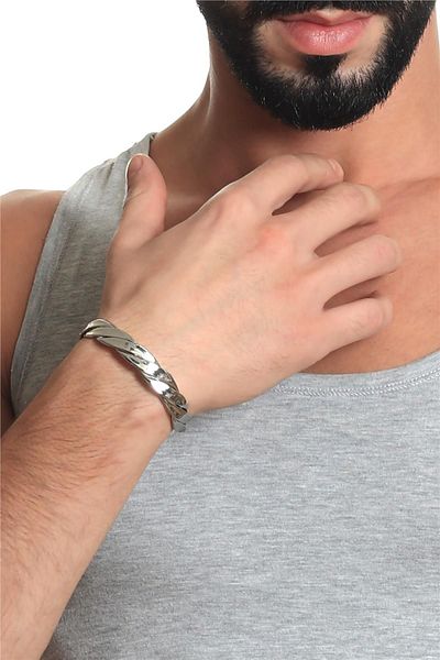 LABALABA Men's Silver Color Lacquer Plated Adjustable Open Band Thick Twist Bracelet