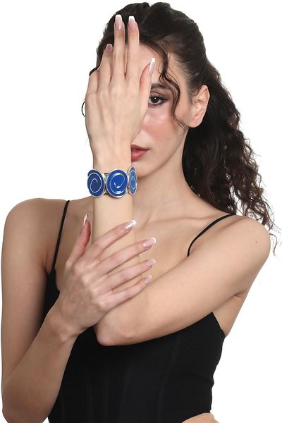 LABALABA Women's Silver Color Lacquer Coated Adjustable Open Band Midnight Blue Enamel Bracelet