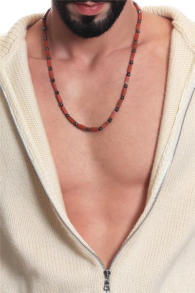LABALABA Men's Brick Colored Natural Stone Faceted Hematite Necklace - Handmade Design