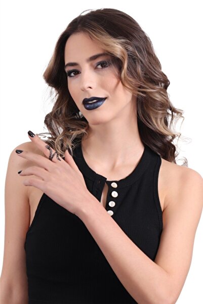 LABALABA Women's Metallic Anthracite Lacquer Plated Adjustable Printed Snake Form Ring