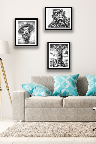 Nod 3 bucăți diagramă amuzantă de animale cu desen cu creion alb-negru, aspect cadru acasă, decor de perete de birou