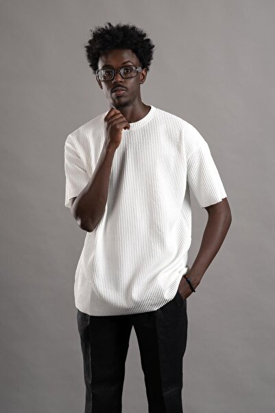 AKÇAYLAR Oversize (Bol Kesim) Kalın Fitilli Bisiklet Yaka Kısa Kol T-shirt