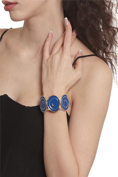 LABALABA Women's Gold Color Lacquer Plated Adjustable Open Band Midnight Blue Enamel Bracelet
