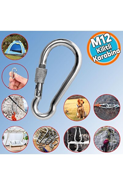 NZB Kilitli 12 MM Karabina Yaylı Kanca Paslanmaz Çelik Kilit Tırmanma Dağcılı...
