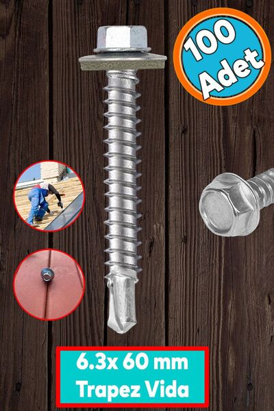 NZB Trapez Çatı Vidası 6.3x60 mm Paket 100 ADET Matkap Uçlu Sac Akıllı Vida Ç...