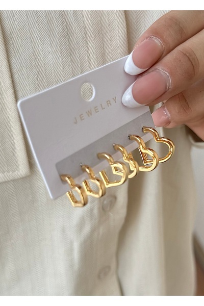 takıtarzım Kalp 3 farklı boy kadın gold set küpe