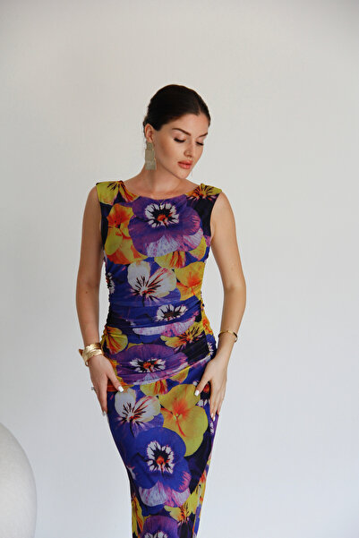 Julidress Julidress Çiçek Desenli Sırt Dekolteli Astarlı Yazlık Premium Tül Elbise Elbise