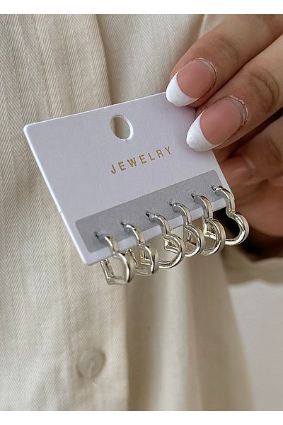 takıtarzım 3 Different Size Silver Set - Heart Trend Earrings