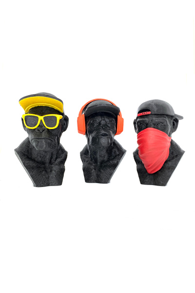 Root Made 3 Maymun Biblo Set El Boyaması Görmedim Duymadım Bilmiyorum Maymun Büst Dekoratif Obje 15cm