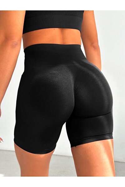 BK Seamless Siyah Yüksek Bel Push Up Kalça Büzğülü Spor Şort