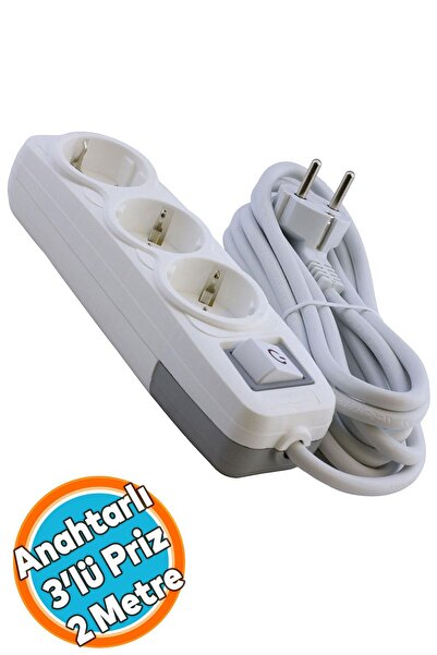 NZB Anahtarlı Grup Priz 3'lü Topraklı 2 Metre Seyyar Ara Kablolu Uzatma Kablo...