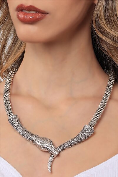 LABALABA Kadın Antik Gümüş Kaplama Örme Boncuk Zincir Yılan Kolye
